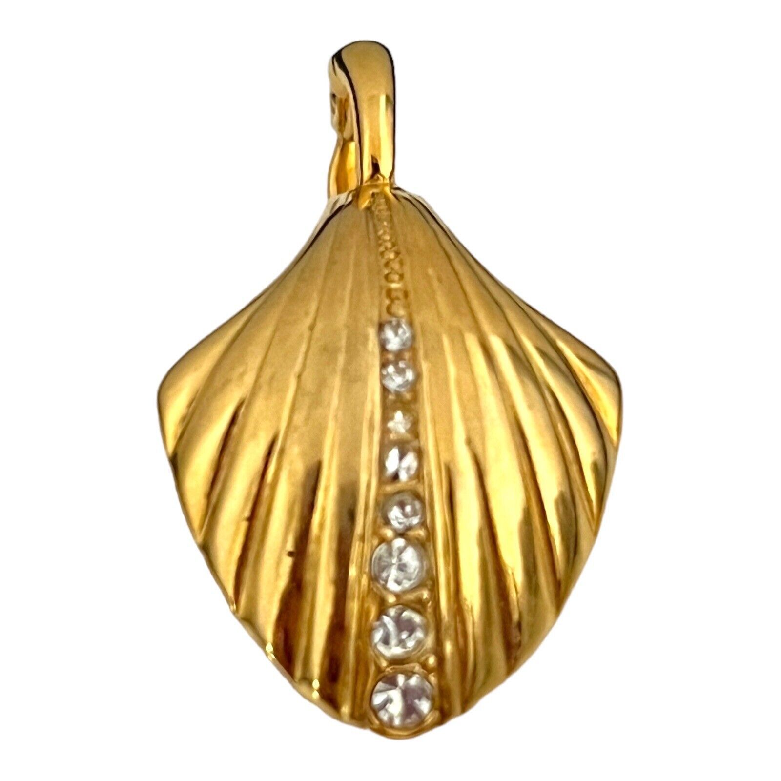 Vintage 1980s Tat Erwin Pearl Shell Pendant Gold Tone Crystal Enhancer - 3v 25$